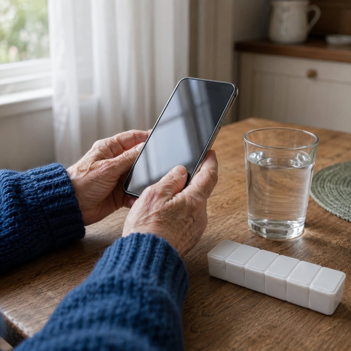 En äldre persons händer som håller en smartphone vid ett köksbord, bredvid ett vattenglas och en enkel dosett